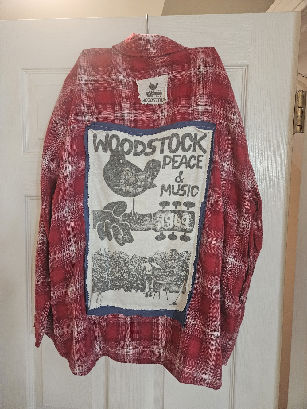 Upcycled Flannel wild fable Red Plaid Button-Down Shirt with Woodstock Graphic